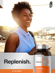 Vitamin D3 10000 IU product packaging and capsules close-up