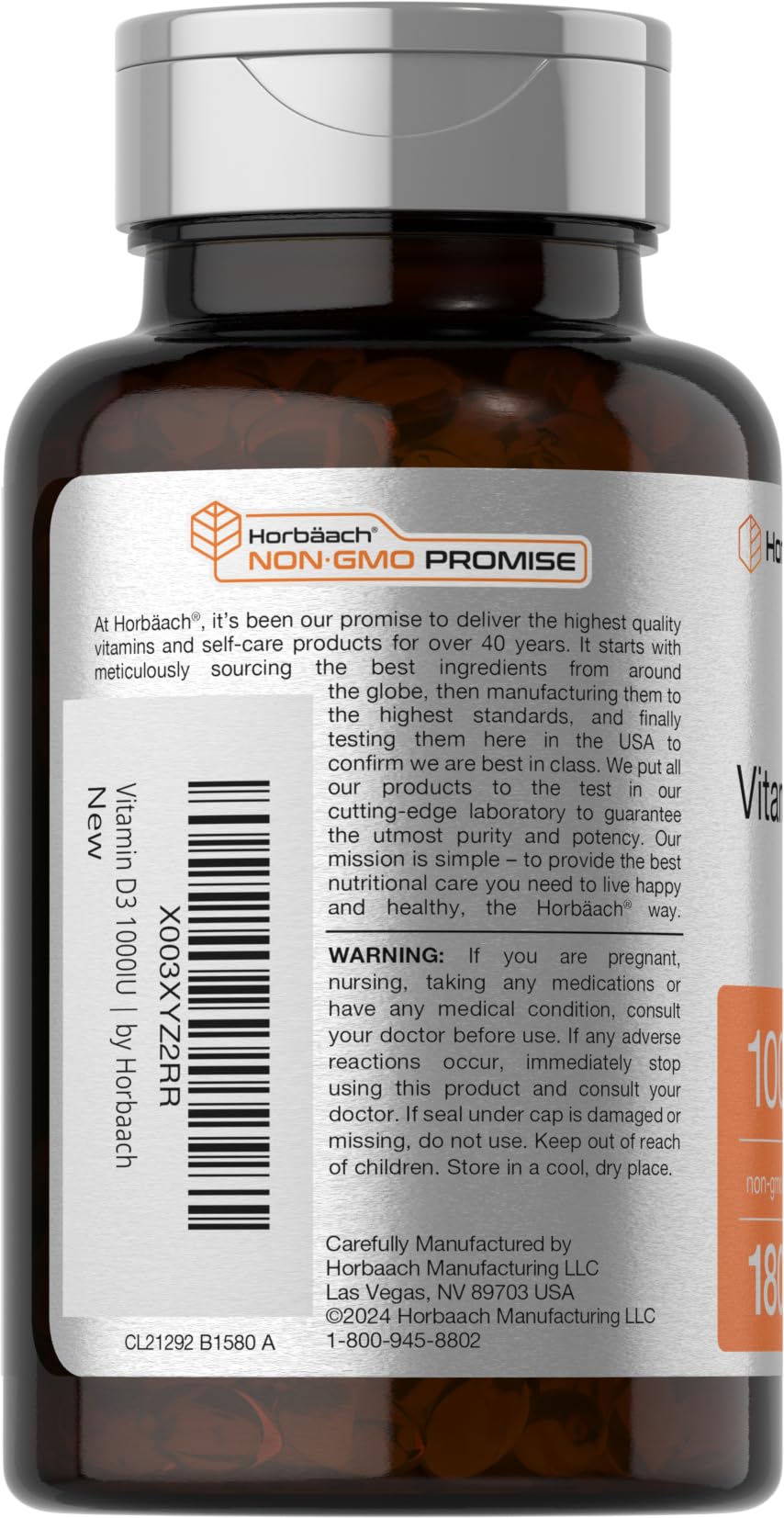 Supplement facts panel for Horbäach Vitamin D3 1000IU softgels