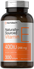 Horbaach Vitamin E softgel bottle front view, 400 IU (268 mg) per softgel