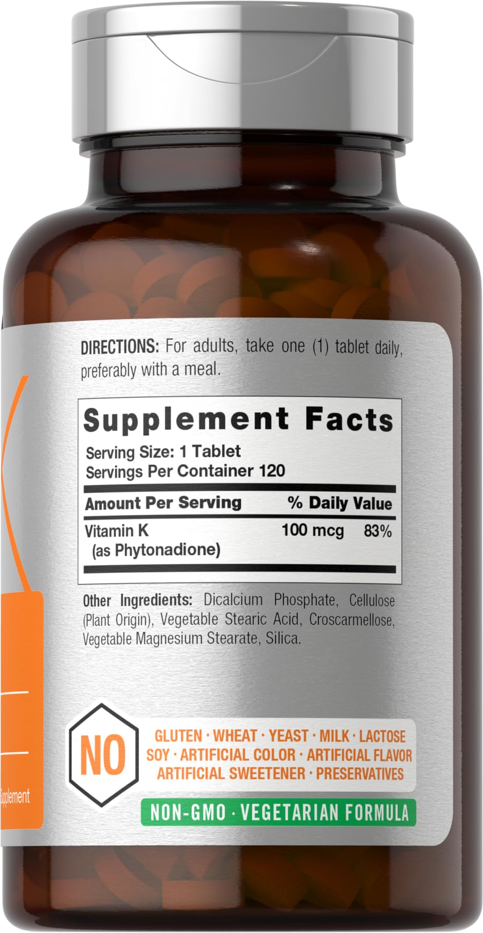 Close-up of Horbaach Vitamin K bottle and tablets