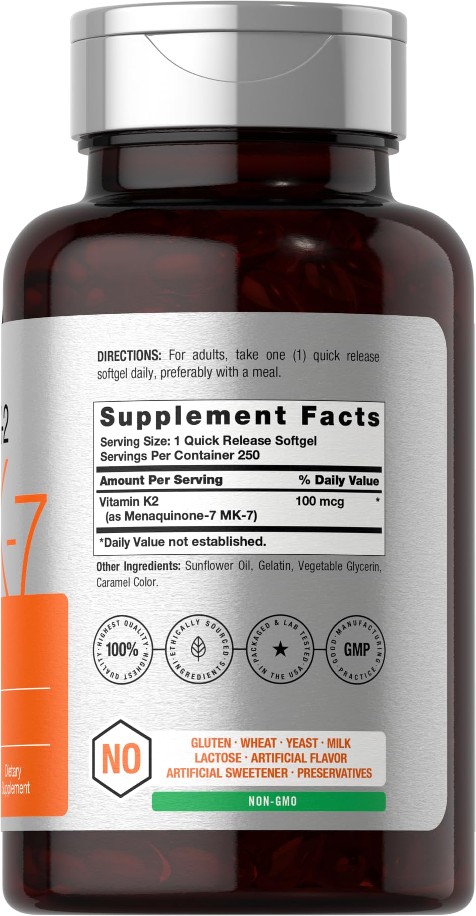 Close-up of Horbäach Vitamin K2 MK7 softgels