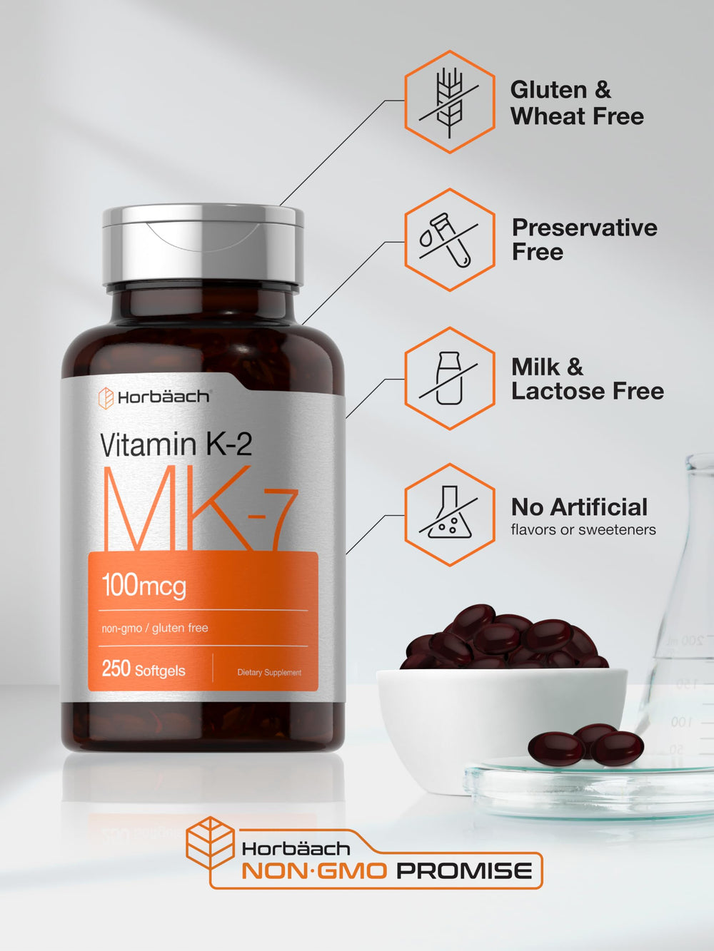 Nutrition facts close-up on Horbäach Vitamin K2 MK7 label