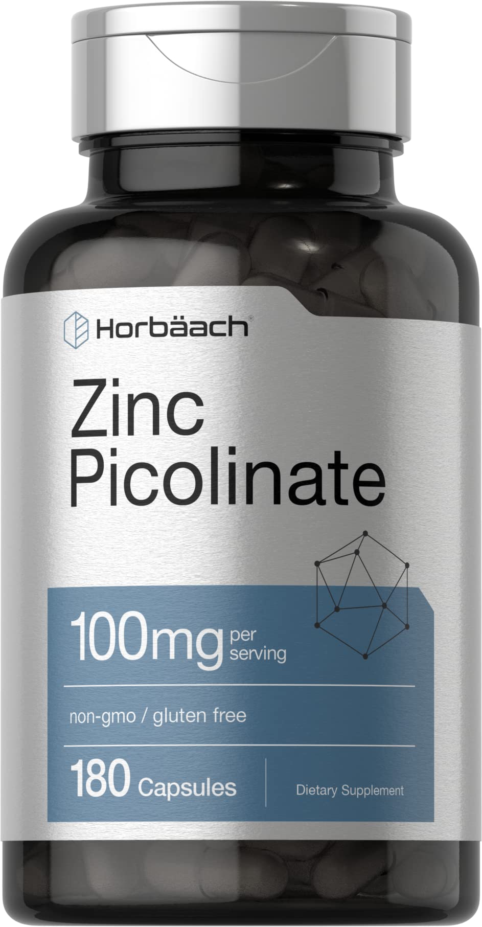 Front view of Horbäach Zinc Picolinate 100mg bottle with 180 capsules