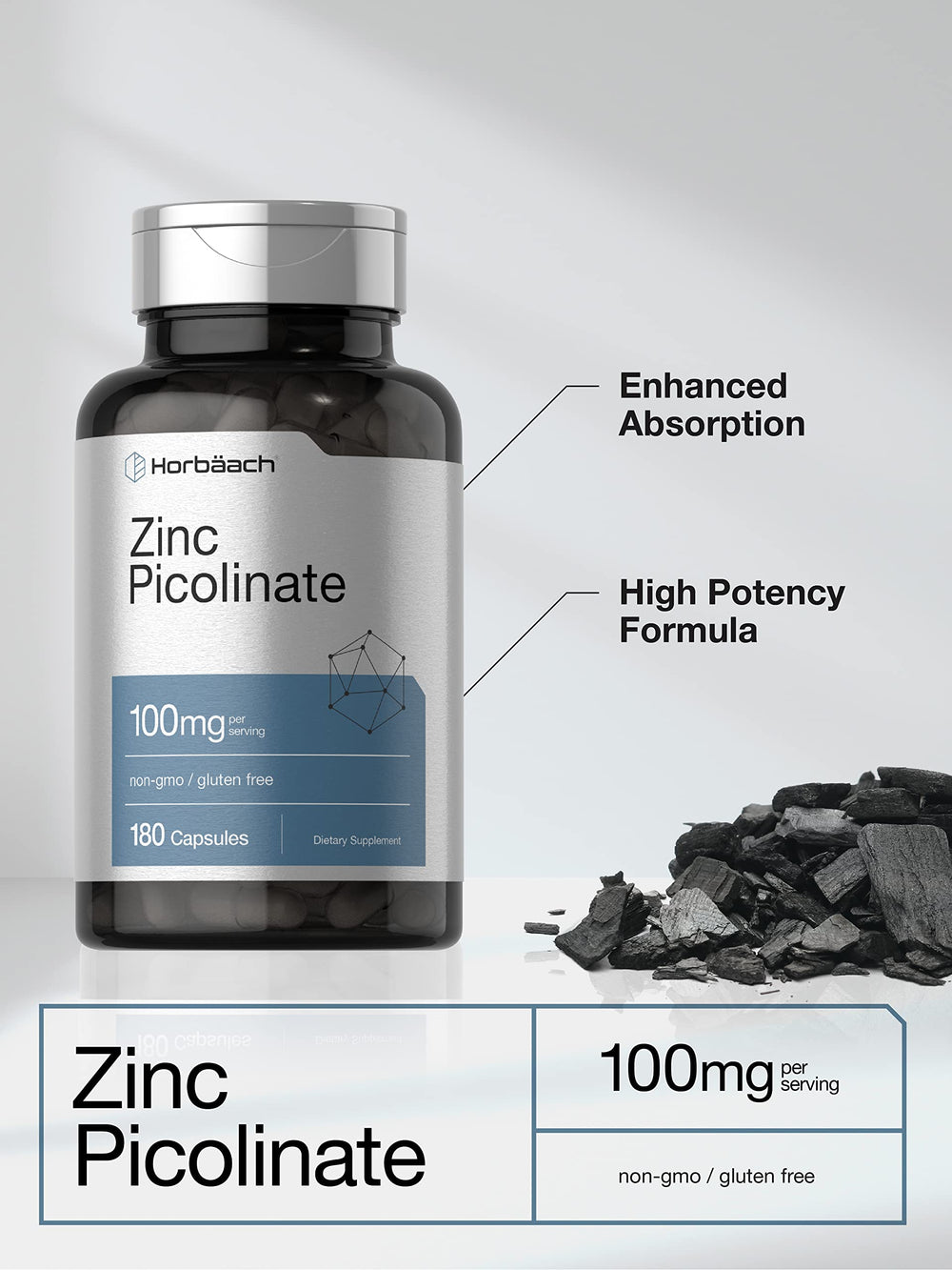 Close-up of Horbäach Zinc Picolinate 100mg label