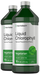 Horbäach Chlorophyll Liquid Drops bottle label 100 mg per Tbsp, 32 oz total in two 16 oz bottles