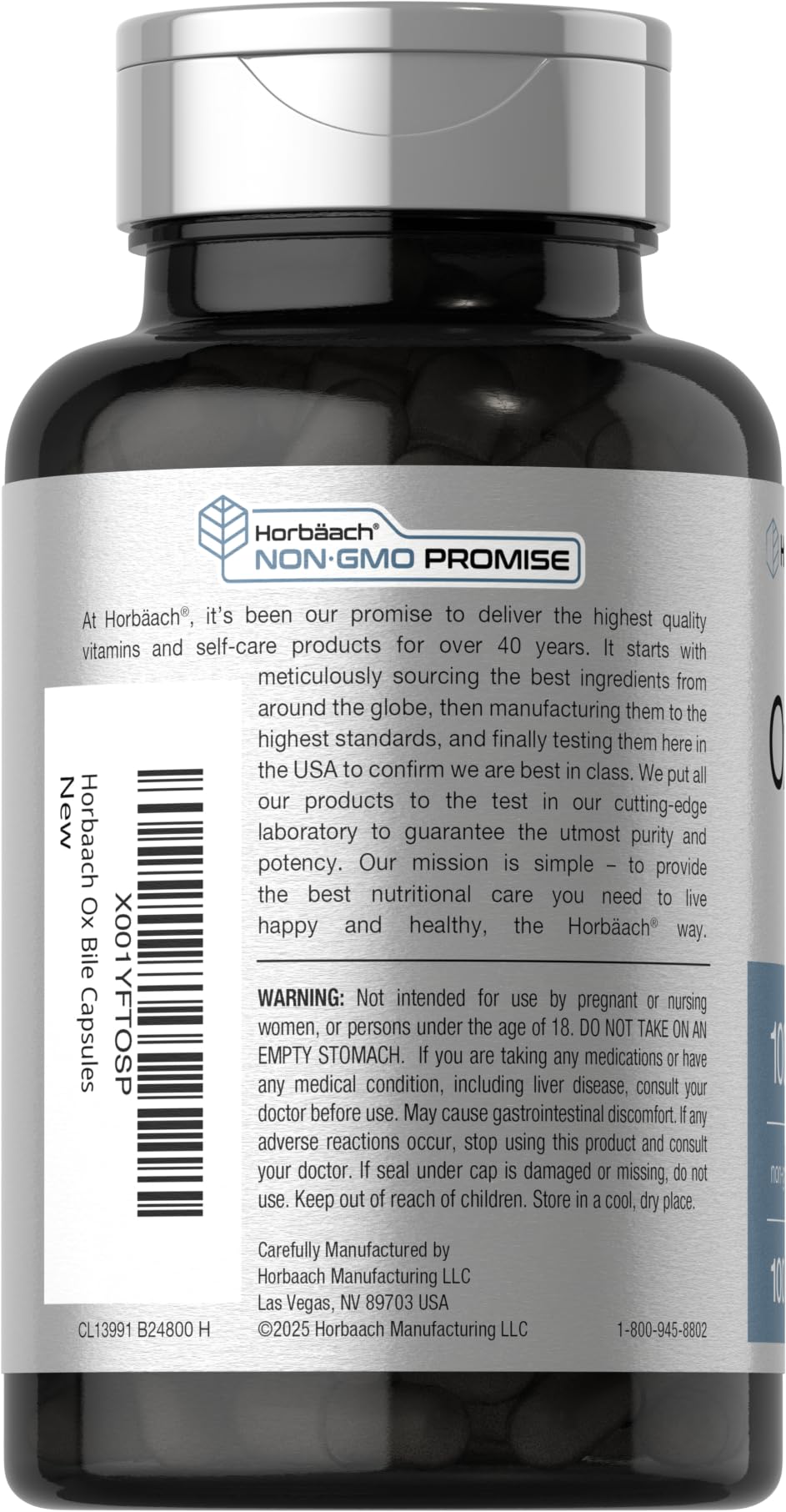 Label with nutrition facts for Horbäach Ox Bile Supplement