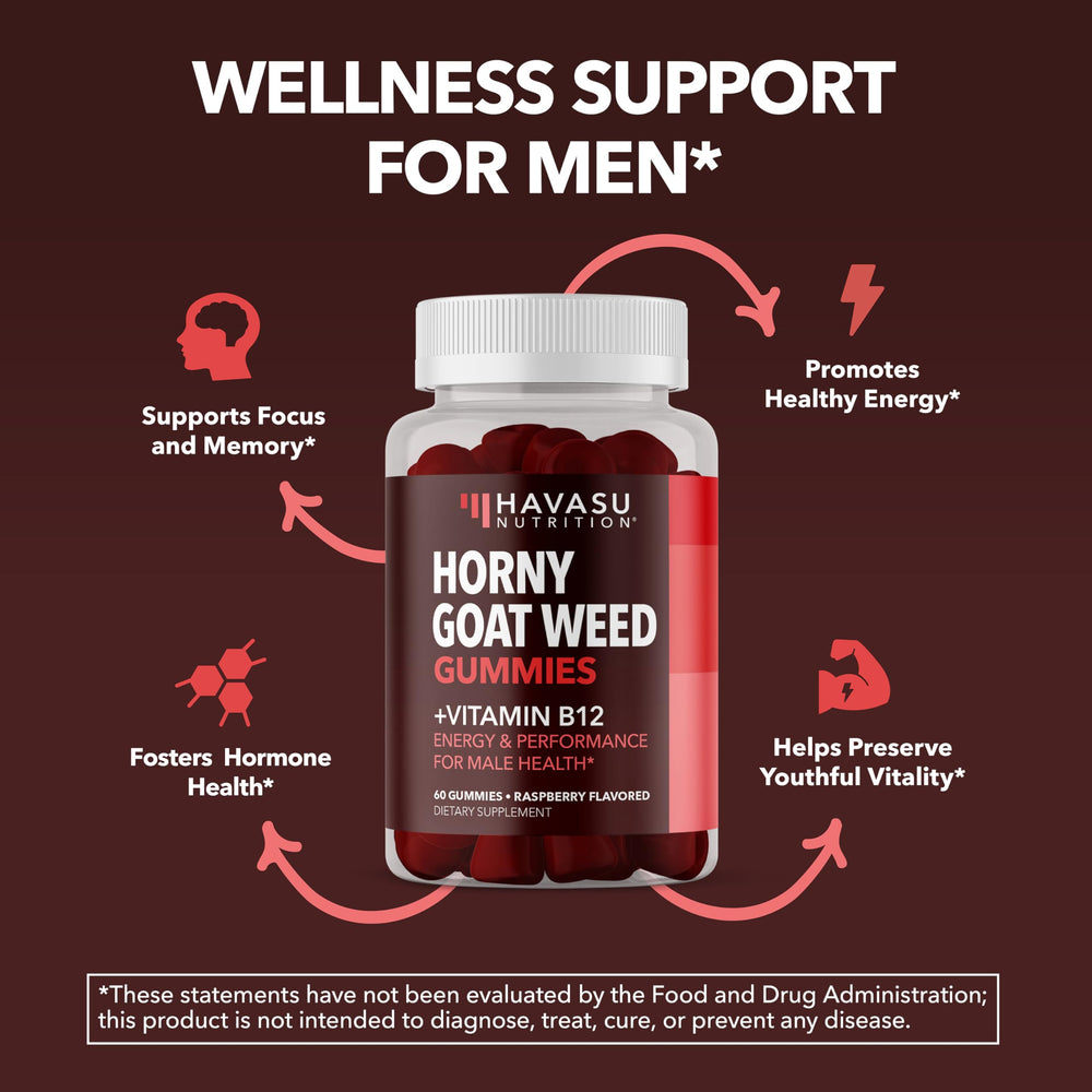 Front label on Horny Goat Weed Gummies bottle highlighting Vitamin B12