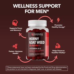 Front label on Horny Goat Weed Gummies bottle highlighting Vitamin B12