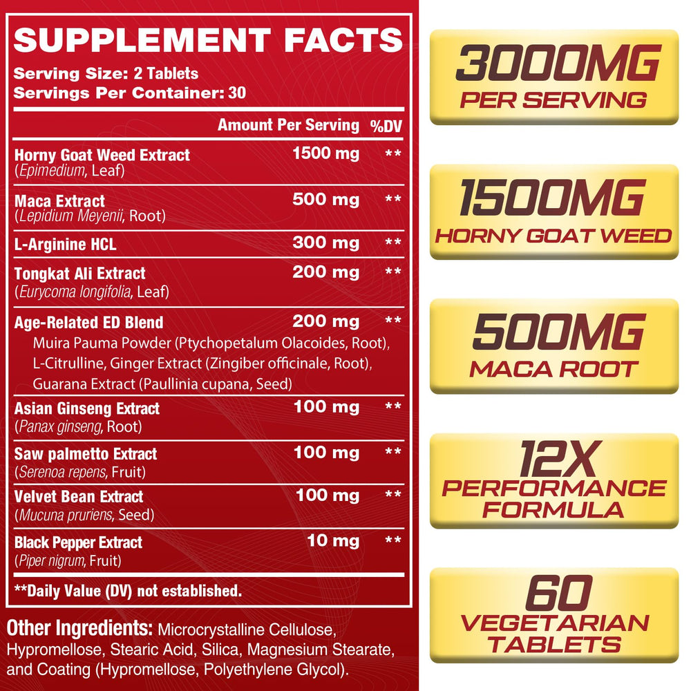 12-in-1 formula ingredients: horny goat weed, maca root, panax ginseng
