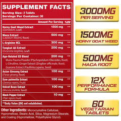 12-in-1 formula ingredients: horny goat weed, maca root, panax ginseng