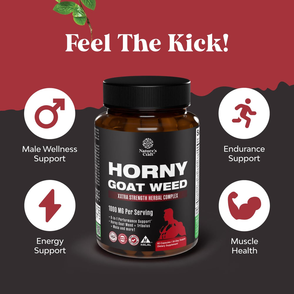 Ingredient overview showing Horny Goat Weed, Tongkat Ali, Panax Ginseng and Black Maca