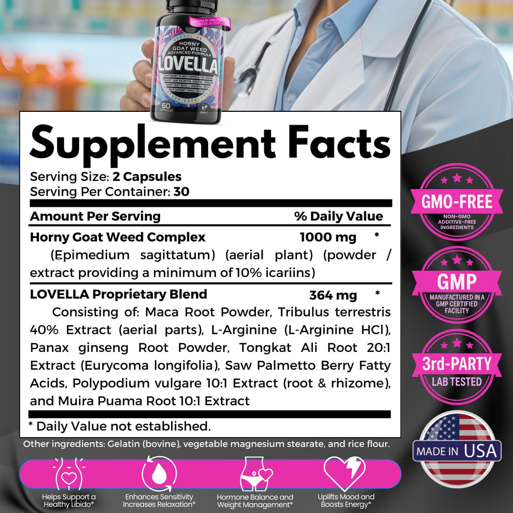 Close-up of Horny Goat Weed Women capsules.
