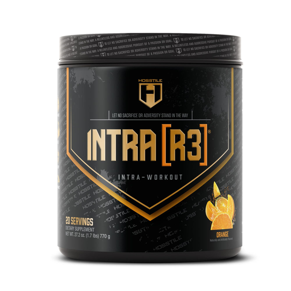 HOSSTILE intria3 tub label reveals orange powder for energy and endurance during workouts.