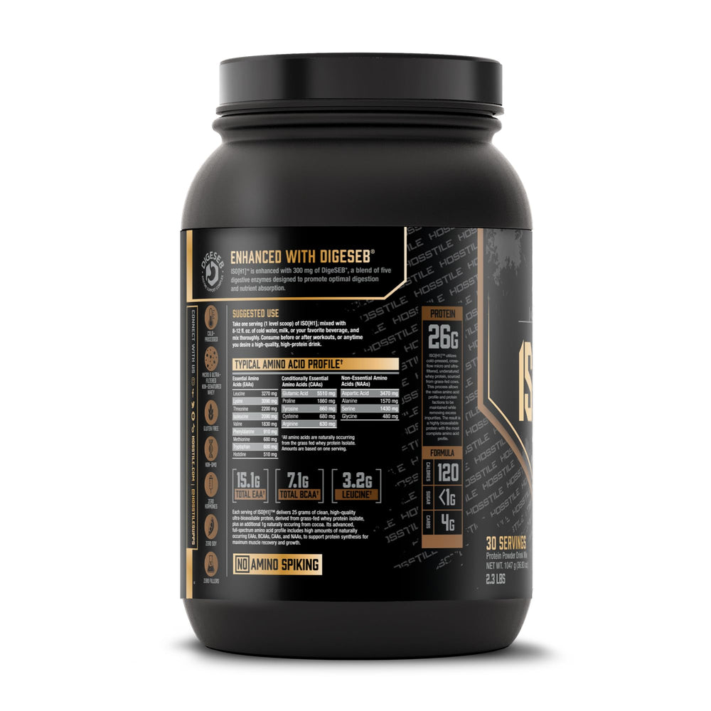 HOSSTILE ISO digestive enzymes label spotlights enhanced protein digestion and absorption.
