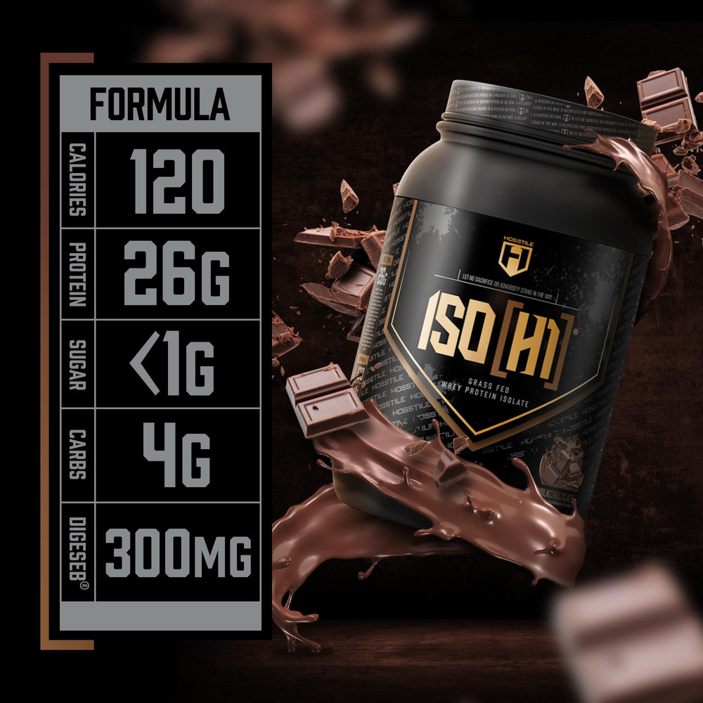 HOSSTILE ISO whey scoop highlights fast-absorbing protein for post-workout fueling.