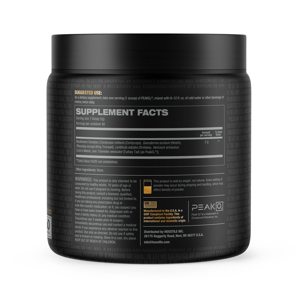 Hosstile PeakO2 packaging showcases six organic mushrooms for premium quality.