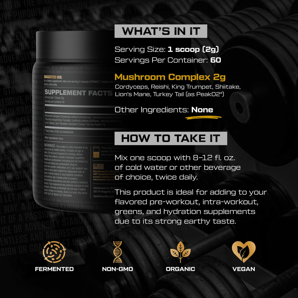 Hosstile PeakO2 powder scoop poured into water suggests improved work capacity during training.