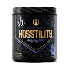 Hosstility V2 pre-workout tub label showcases branding and product overview for pumps.