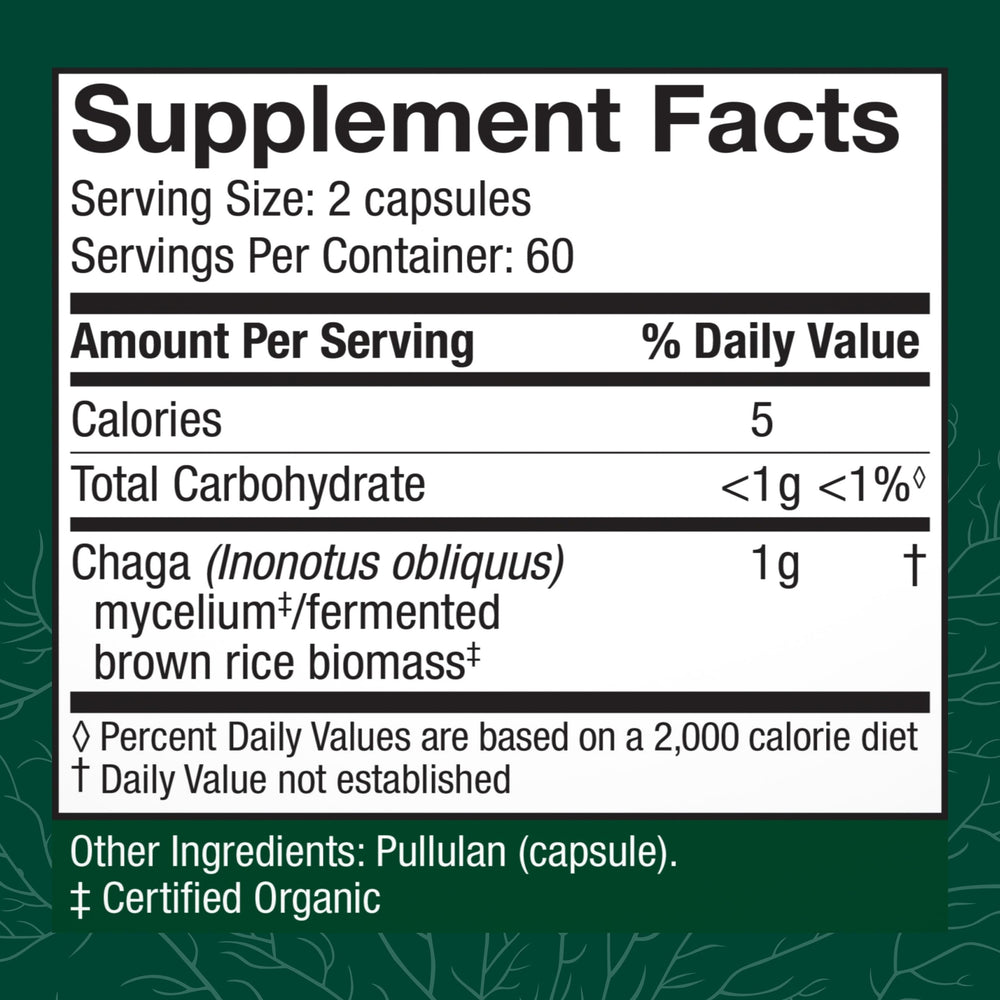 Bottle front view of Host Defense Chaga Capsules