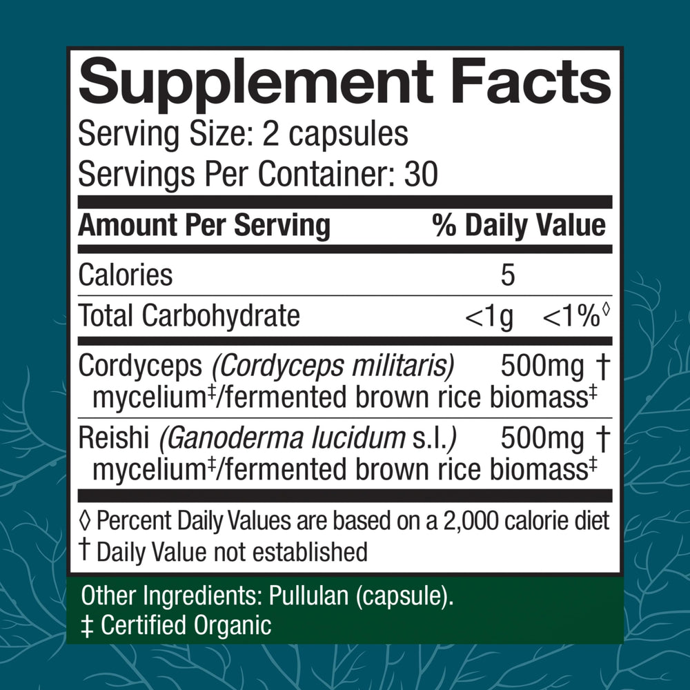 Back panel with supplement facts for CordyChi Capsules