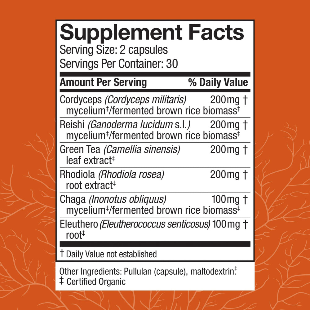 Energy and respiratory support capsules with Cordyceps, Reishi, and Chaga