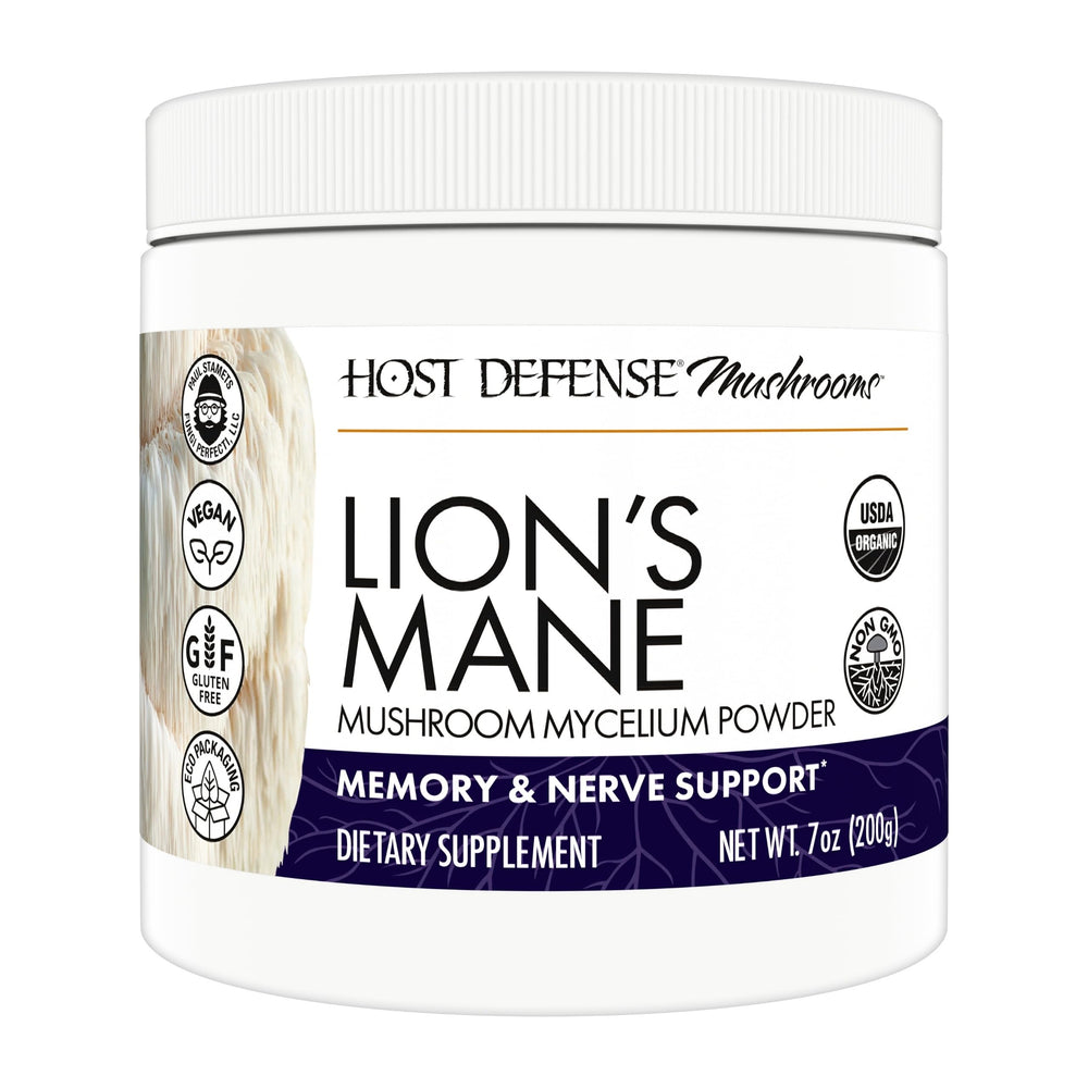Host Defense Lion's Mane Powder bottle with label on white background