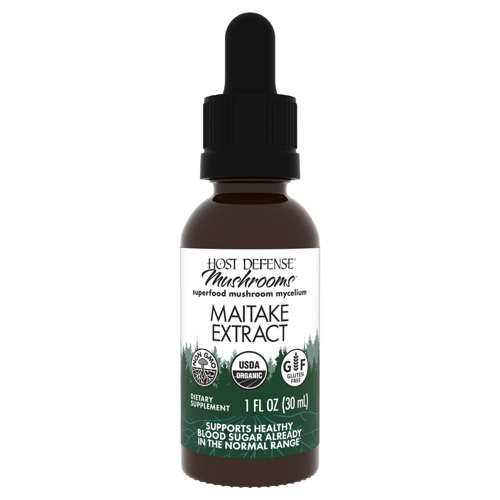 Front view of Host Defense Maitake Extract 1 oz bottle