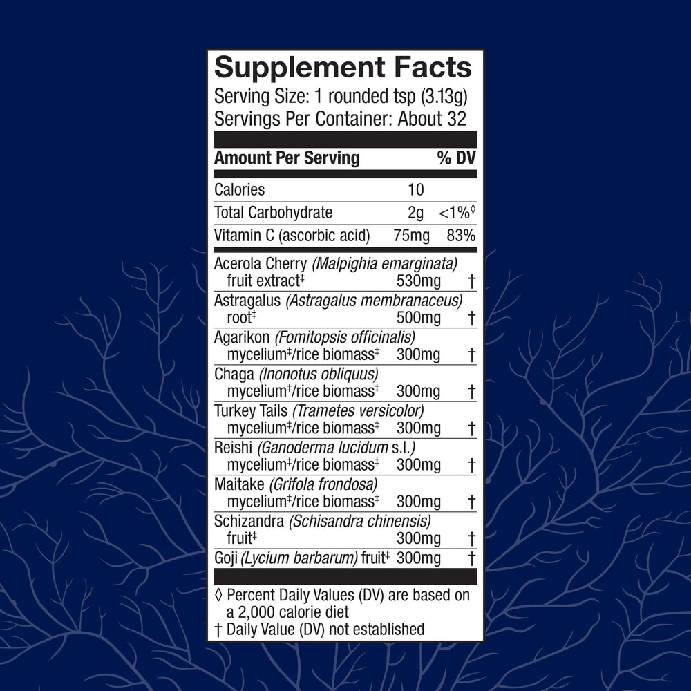 Back label with supplement facts for Host Defense Immune Powder.