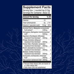 Back label with supplement facts for Host Defense Immune Powder.