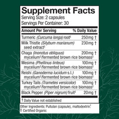 Close-up of label reading Liver Capsules with Reishi and Chaga