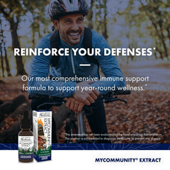 Dropper bottle dispensing MyCommunity mushroom extract