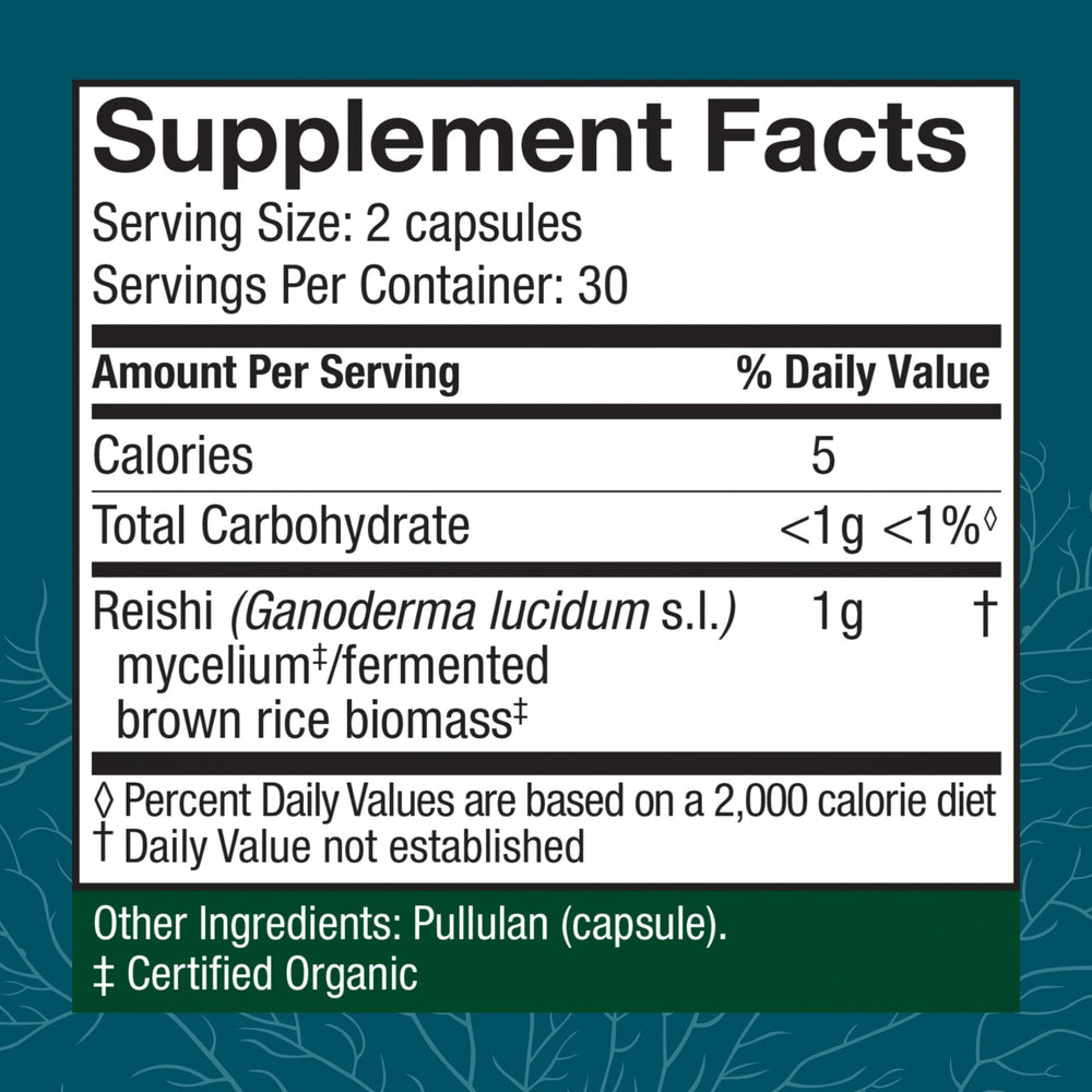 Packaging and ingredient panel for Host Defense Reishi Capsules