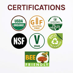 Certification icons (organic, non-GMO, gluten-free) on label