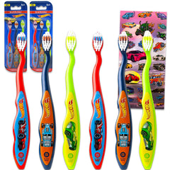 Hot Wheels toothbrush kit featuring six race car toothbrushes in red, blue, and green