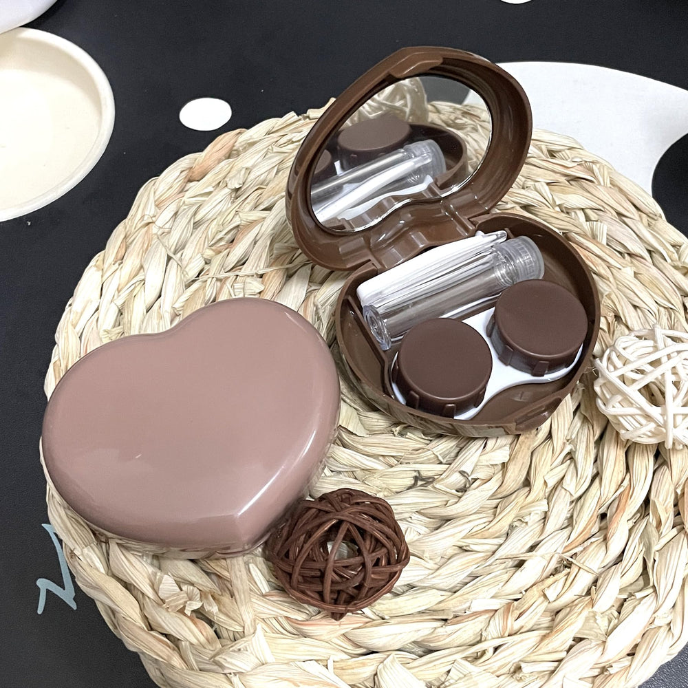 Portable Howinn contact lens case in dark brown with accessories