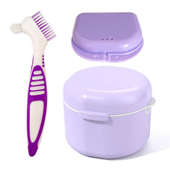 Front view of Howinn Denture Bath Case in purple with strainer basket