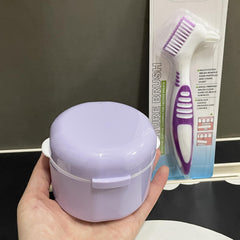 Close-up of denture case with strainer basket and compact design
