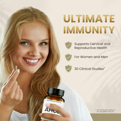 Close-up of AHCC Shiitake supplement bottle and capsules