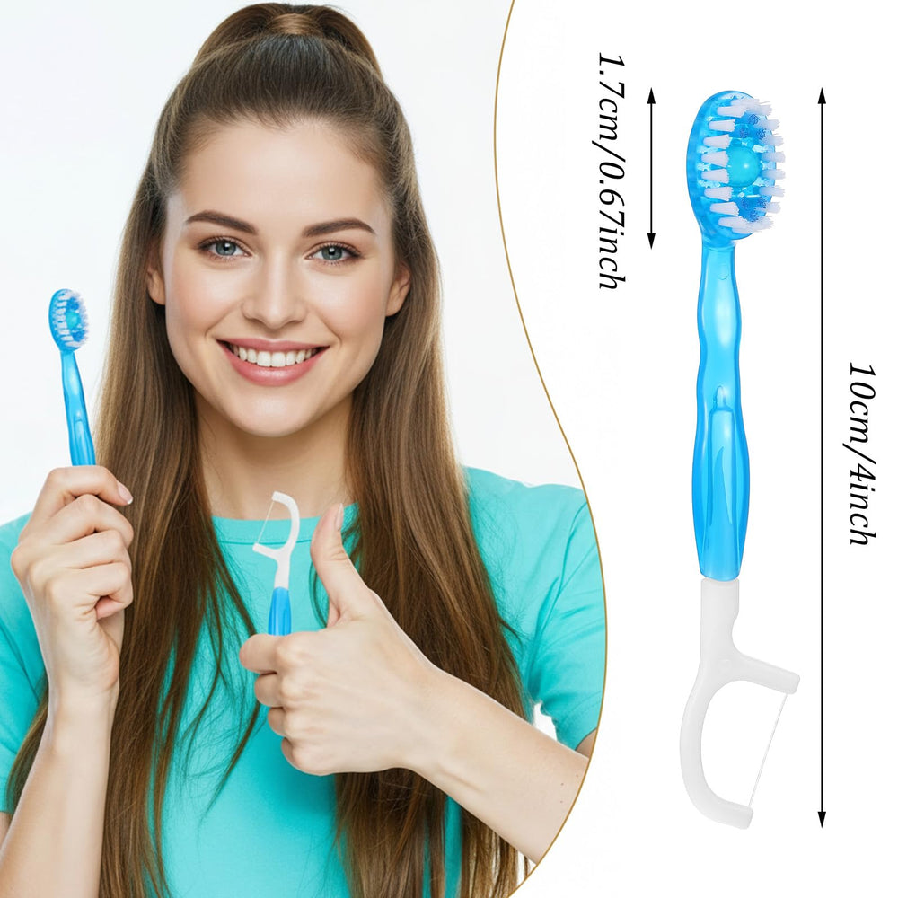 Close-up of blue disposable mini toothbrush showing toothpaste, floss, toothpick, and tongue scraper