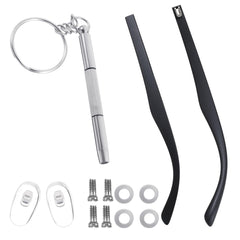 Package contents: 2 glasses legs, 4 screws, 2 nose pads, screwdriver, 4 washers