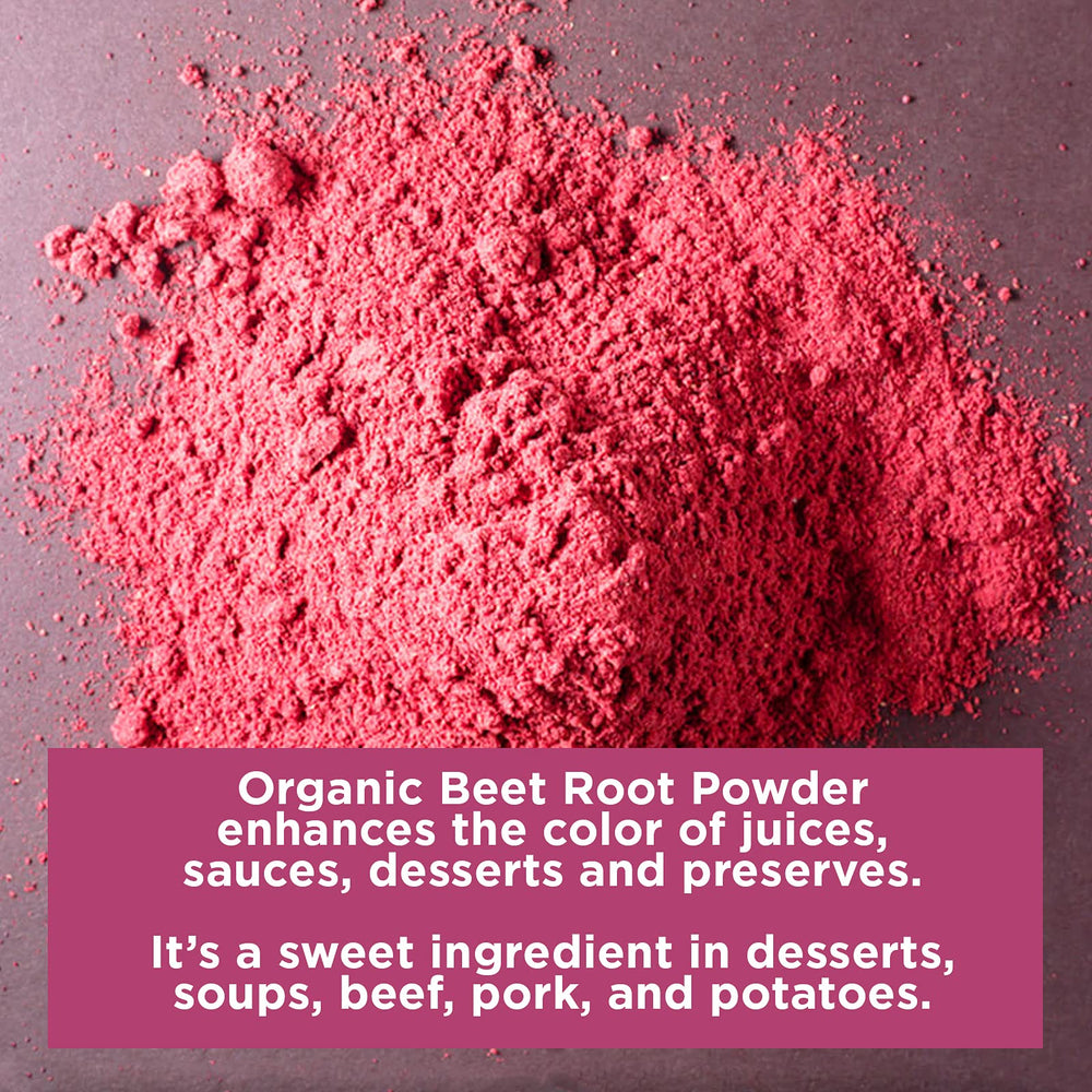 HQOExpress beetroot powder close-up showing vibrant color for healthy drinks.