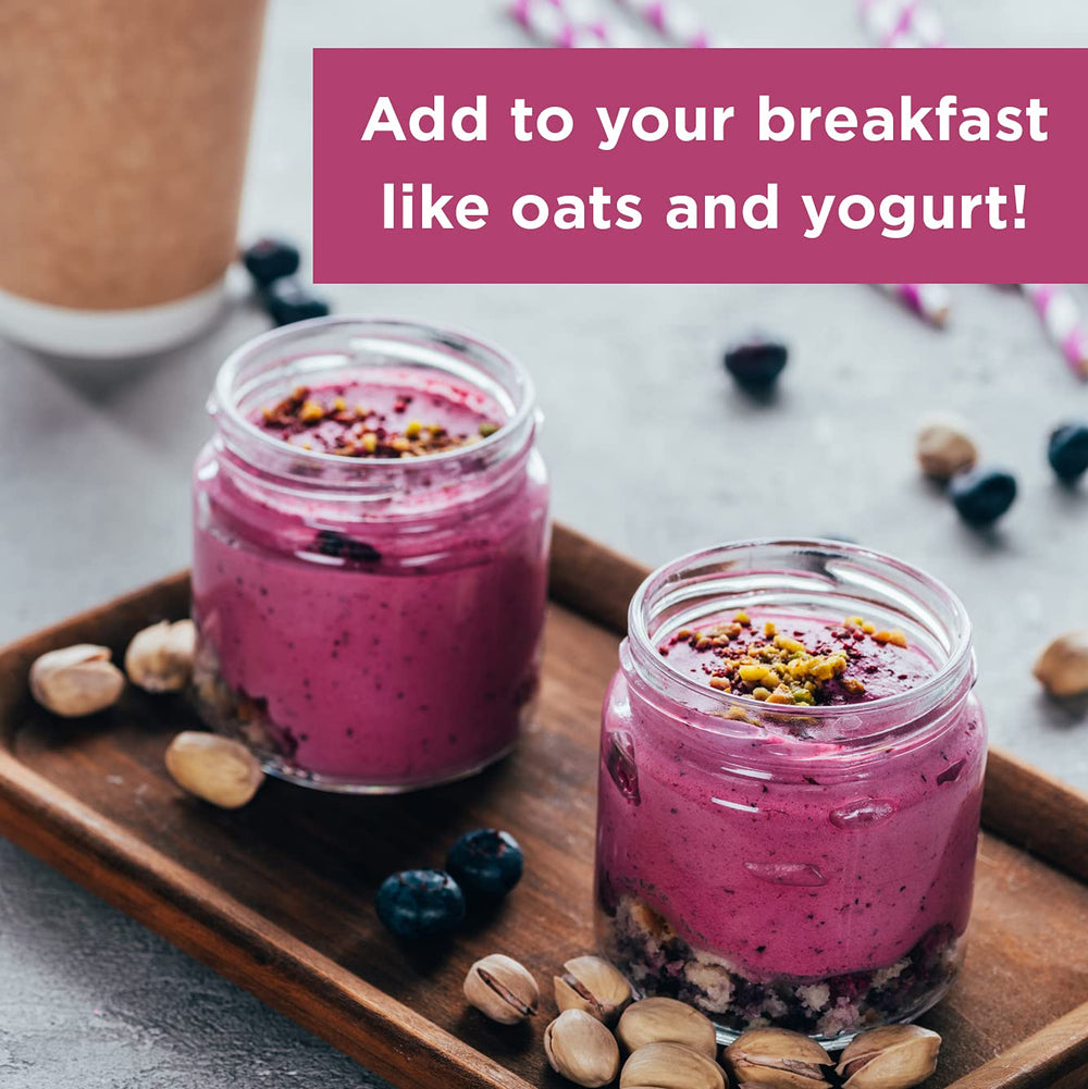 HQOExpress beetroot powder jar on kitchen counter with organic and non-GMO ingredients.