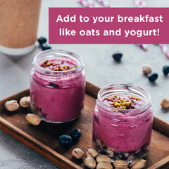 HQOExpress beetroot powder jar on kitchen counter with organic and non-GMO ingredients.