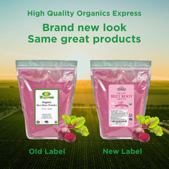 HQOExpress beetroot powder label highlights organic, non-GMO, and kosher ingredients.