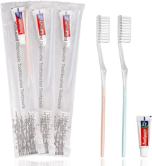 Close-up of travel toothbrushes with toothpaste bundle