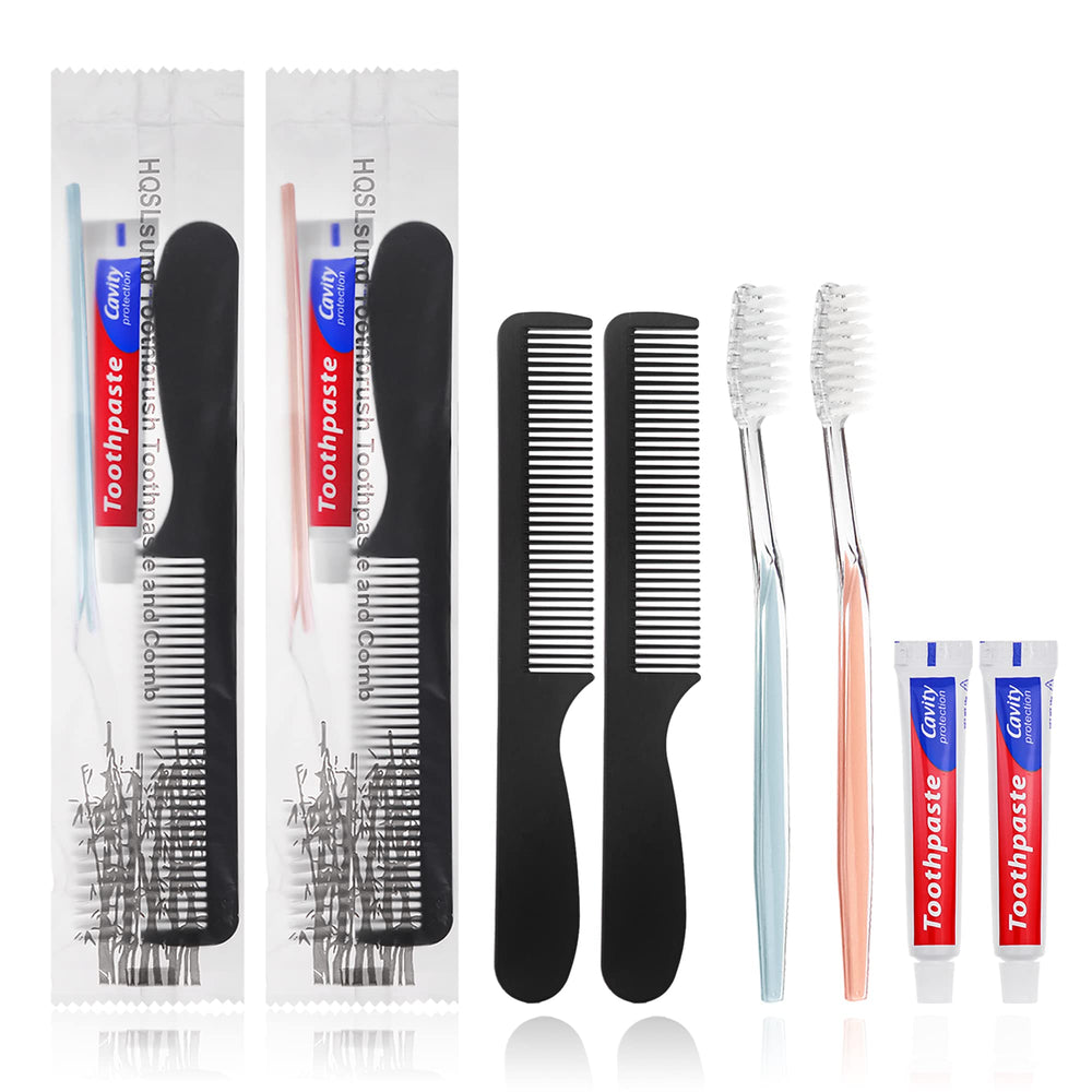 HQSLsund 50-pack disposable toothbrushes with toothpaste and a 7-inch black comb.