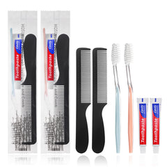 HQSLsund 50-pack disposable toothbrushes with toothpaste and a 7-inch black comb.