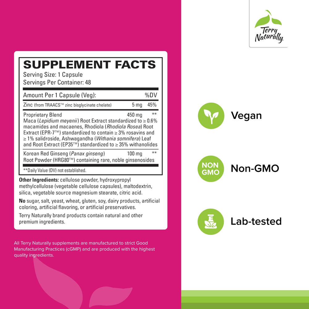 Herbal blend of ashwagandha, maca and rhodiola in HRG80 formula