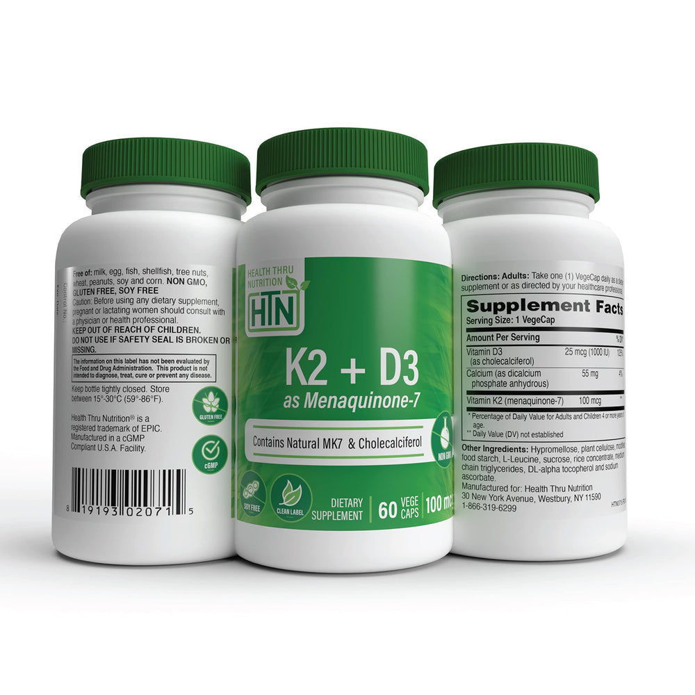 3rd-party tested seal on Health Thru Nutrition K2 + D3 Complex packaging