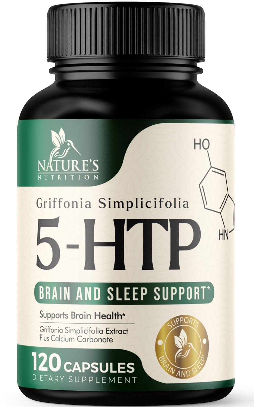 Front view of 5 HTP 200mg vegetarian capsules bottle